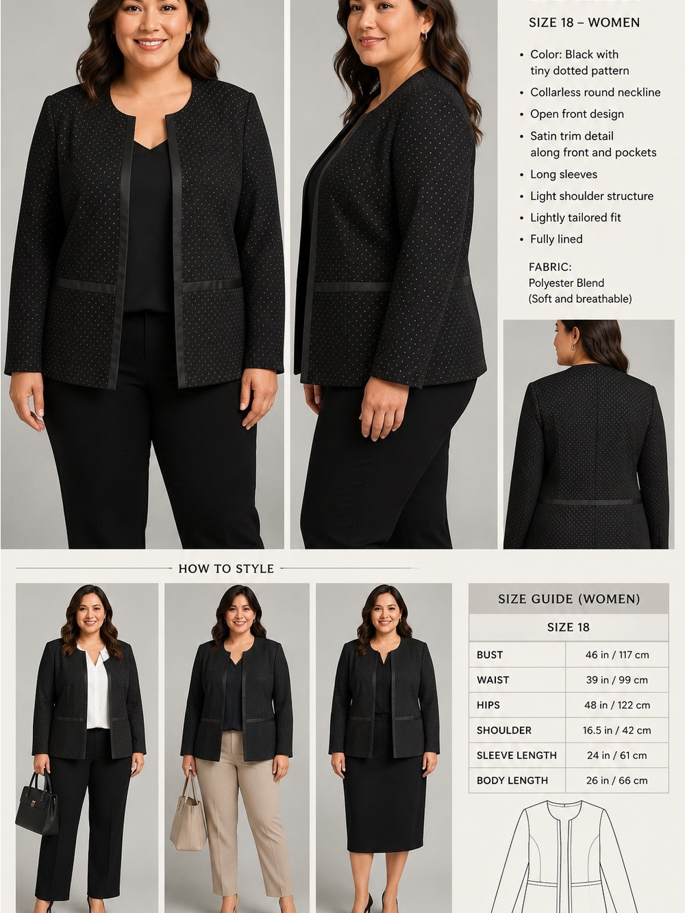 Laura Plus Size 18 Black Dotted Open Front Blazer Jacket
